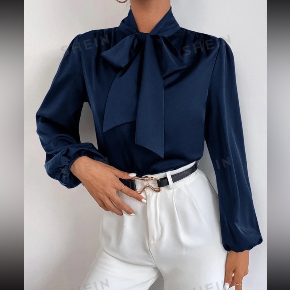 SHEIN | Navy Silk Tie Neck Blouse Button Down | NWT